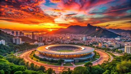 Papier peint photo  Vibrant Sunset Over a Stadium in a City With Mountains in Background  © Naowarat