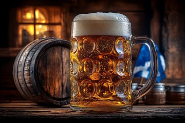 Frosty Beer Mug on Wooden Table with Barrel and Scottish Flag Pub Atmosphere