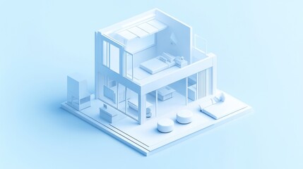 Minimalist house model, blue background, design
