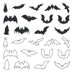 Obraz premium Bats silhouettes and line art vector icon set collection