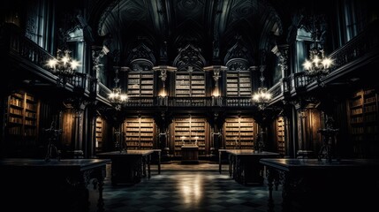 Dark, grand library with antique bookshelves, chandeliers, and gothic architecture