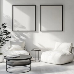 Minimalist living room with white furniture, two empty frames, and a plant.