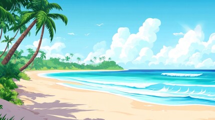 Fototapeta premium Serene Tropical Beach Paradise: Azure Waters, Palm Trees, and Sunny Skies
