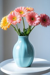 Vibrant Gerbera Daisies in a Blue Vase on a White Table Against a Soft Background, Perfect for Floral Decor or Nature Themes
