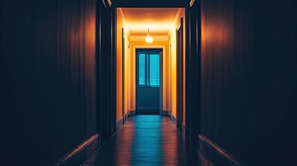 Dimly lit hallway with open door and light