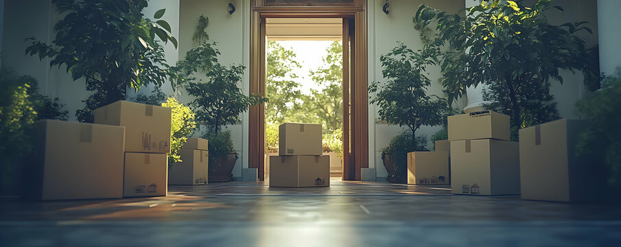 House entrance, moving boxes, plants