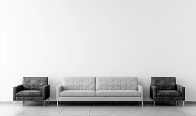 Minimalist living room with white sofa and black armchairs against a blank wall.