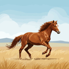 Horse Running Freely Through a Golden Field with Rolling Hills Background