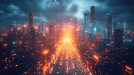 Fototapeta premium Blazing highway through futuristic city at night with stormy sky