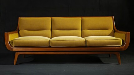 Fototapeta premium Elegant mid-century modern sofa featuring a clean design with plush cushions and a rich wooden frame.
