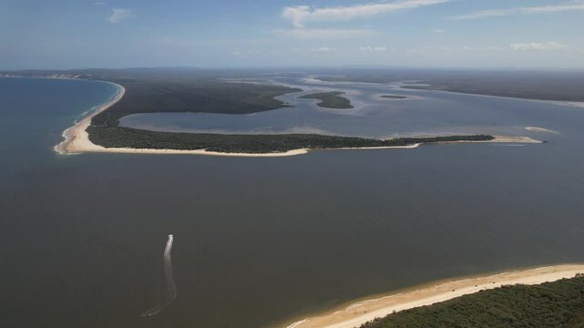 Aerial View Of Inskip Point At The Entrance Of Great Sandy Strait River In Inskip, QLD, Australia.