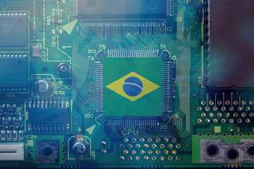 Brazil flag on a CPU processor. GPU microchip on a motherboard. Chip manufacturer