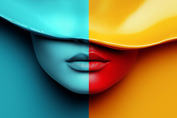 Bold interplay of colors showcases half of a face with striking contrasts in hues and textures