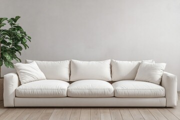 Obraz premium Minimalist living room with white sofa and plant.