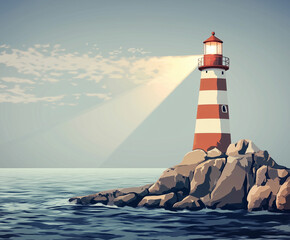 Coastal lighthouse guiding ships through calm waters during late afternoon light