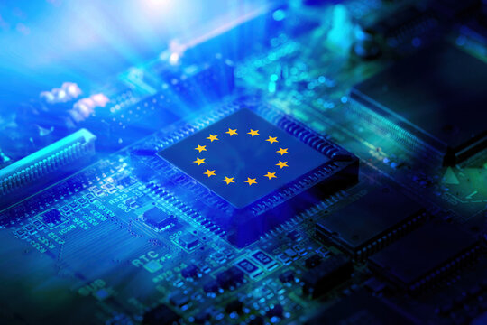 EU flag on a CPU processor. European chip manufacturer, GPU microchip on a motherboard.