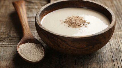 A natural wooden bowl of thick, creamy liquid next to a rustic spoon filled with cocoa or spice powder, inviting warmth and indulgence.