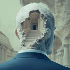 Human head with an open space revealing a staircase and classical architecture, exploring the concept of imagination and potential