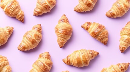 Freshly baked croissants on a pale lavender background, great for bakery promotions or brunch menus that highlight light and flaky pastries.