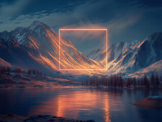 Majestic mountains illuminated by warm light reflecting in calm waters during twilight hours