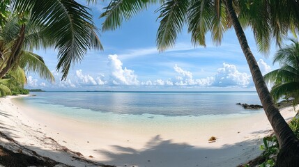 Obraz premium Serene Tropical Beach Paradise: Palm Trees Frame Azure Ocean and White Sand