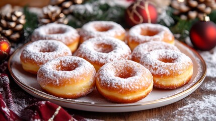 Snow dusted donuts a holiday plate A selection of freshly fried donuts covered in powdered sugar arranged in a festive setting