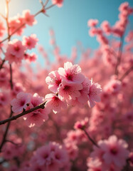 Obraz premium Pink cherry blossoms blooming on the delicate branches is a beautiful sight of cherry blossoms in spring.