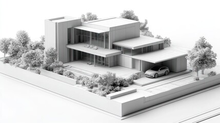 Modern architectural house with a car and surrounding greenery in white