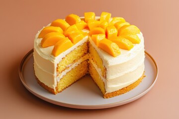 A delicious cake with fresh fruit and white frosting on a plate