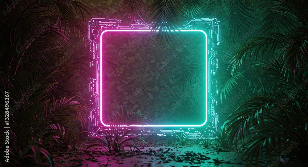 Poster futuristic neon frame in tropical jungle with glow and circuit patterns