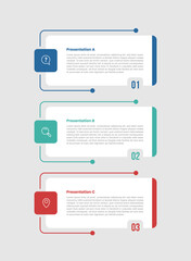 3 stage infographic diagram with round box container and line connection stacked with 3 step for slide presentation