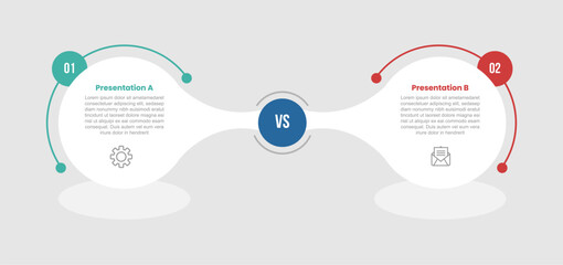 2 stage infographic diagram opposite comparison with connection circle with fluid shape and circle center with two step for slide presentation