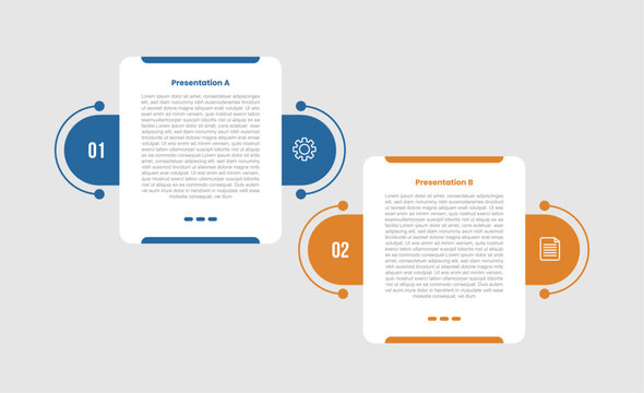 2 stage infographic diagram opposite comparison with box container and round circle right and left with two step for slide presentation