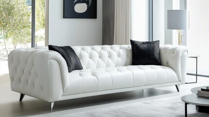 Modern white sofa with clean lines and tufted design, perfect for contemporary living spaces and stylish interior decor