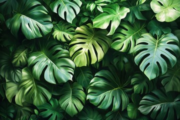 Fototapeta premium Lush green leaves create a vibrant tropical backdrop in a dense foliage arrangement in a garden setting