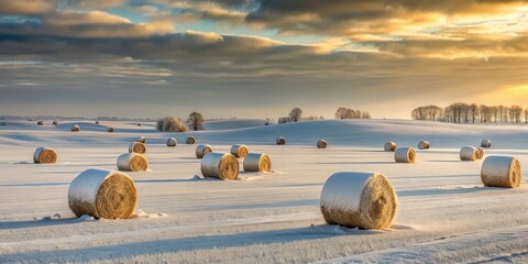 Serene Winter Landscape Snow-Covered Hay Bales in a Frosty Field at Sunrise