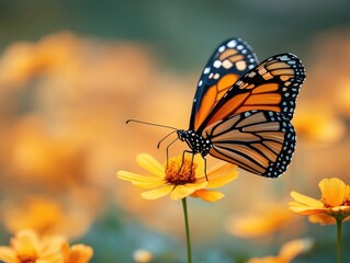 Obraz premium Vibrant Monarch Butterfly Perched on Bright Yellow Flower Against a Soft Bokeh Background in a Beautiful Garden Setting