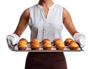 Woman holding pastry tray, isolated on transparent background