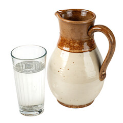 Rustic Ceramic Pitcher with Glass of Water – Isolated on White Background as Transparent. PNG. AI GENERATED
