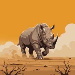 Fototapeta premium Rhino Charging Across Arid Landscape in Vector Art Style