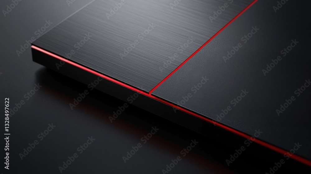 Poster a sleek abstract design with diagonal red light streaks over a dark black metallic surface, creating