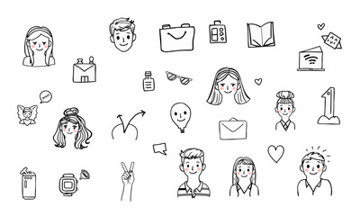 collection of doodles featuring various characters, objects, and symbols, including faces, envelopes, and technology items, conveying playful and creative vibe