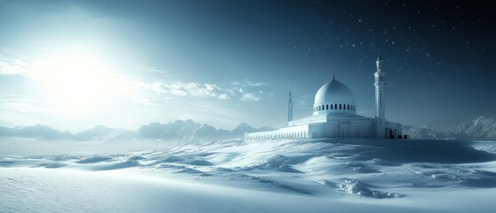 A grand white mosque stands majestically in a snow covered landscape