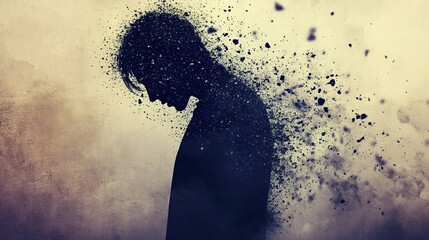 Silhouette of a person disintegrating into particles, symbolizing mental fragmentation