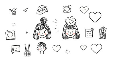 Cute doodles of two smiling girls with hearts, notes, and various icons, conveying playful and creative vibe. Perfect for social media or design projects