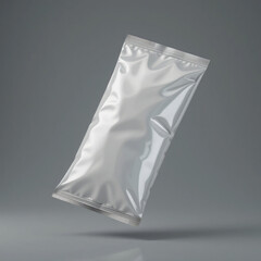 Shiny Silver Foil Packaging Mockup Floating on Grey Surface Studio Shot