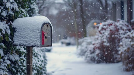 Snowcovered mailbox in a winter scene, with a snowy background of trees and shrubs