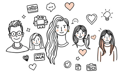 vibrant illustration featuring diverse characters with various expressions, surrounded by playful doodles like hearts, light bulbs, and speech bubbles, conveying creativity and connection
