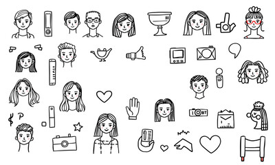 Doodles of various characters and icons representing social media and communication themes, showcasing diverse expressions and activities