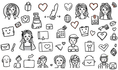 Doodles of various characters and objects, including hearts, people, and everyday items, create playful and engaging scene. This illustration captures whimsical and creative vibe